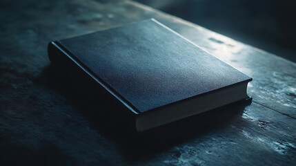 Poster - Black book on a table with focused light casting soft shadows, intimate setting