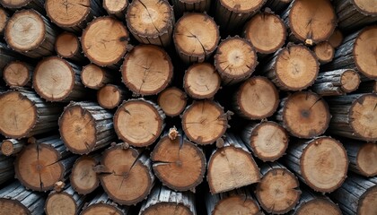 Aufkleber - Wood pile logs background close-up. Natural wooden timber texture, brown tree rings, cut trunks for building or firewood. Rustic material, wooden boards, seamless pattern, eco-friendly.
