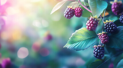 Poster - Blackberry harvest banner with focus on the vibrant colors of fresh berries and green leaves, set against an out-of-focus background