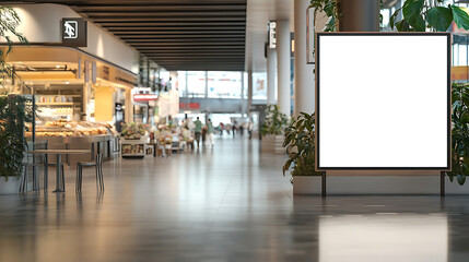 Poster - Blank billboard stand at a busy indoor food court, advertisement and retail concept