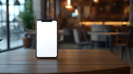 Poster - Blank screen smartphone on wooden table in cafe, mockup