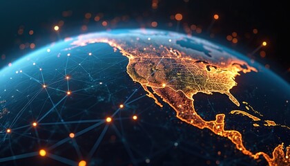 Poster - Digital view Earth at night with illuminated cities, global communication networks. Represents digital transformation, connectivity, technology innovation, data transfer. Shows North America with
