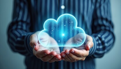 Fototapete - Person holding cloud computing symbol with glowing stars. Digital cloud services concept symbolizes accessibility, flexibility, data storage, networking, server virtualization, SaaS. Tech innovation.