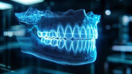Aufkleber - 3D digital model of human jaw with teeth, glowing blue, in dark background.