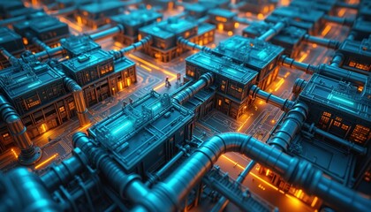 Poster - Futuristic industrial landscape with smart factory setup. IoT devices automated systems, digitization of manufacturing. Tech advancements, innovation integral to factory. Automation of business,