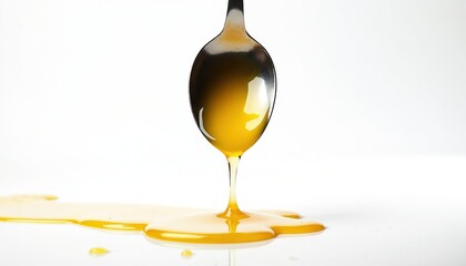 Aufkleber - Oily liquid flows from spoon on white background. Drops of golden oil, splash. Cooking, food, cosmetic concept. Clear background, close-up, droplet. Healthy food tech concept.