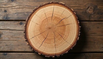 Aufkleber - Cross section of a tree trunk with visible annual rings on wooden background. Natural wood texture. Round cut log section with detailed woodgrain, cracks. Organic rustic background.