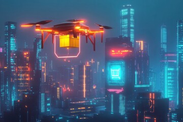 Fototapete - High-tech drone delivers package over a futuristic cityscape with glowing digital routes showcasing modern e-commerce logistics