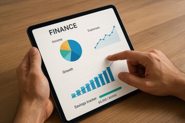 Poster - Financial Analysis on Tablet: Close-up view of hands holding a tablet displaying finance data, with charts and graphs, symbolizing financial analysis and business