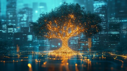 Leinwandbilder - Glowing tree in futuristic city at night. (1)