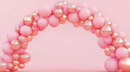 Poster - Pink and rose gold balloons arch on pink background.