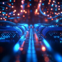 Leinwandbilder - Cyberpunk Data Stream: Blue Digital Pathways and Glowing Bokeh, Abstract Technological Network