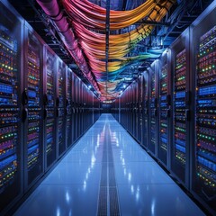 Fototapete - Data Center Hallway: Rows of Servers with Colorful Cables, Powerful Computing Infrastructure.