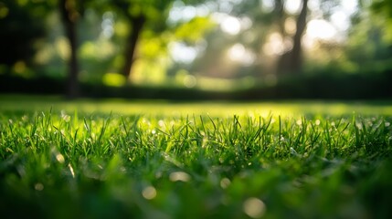 Fototapete - Lush green grass illuminated by sunlight in a park.