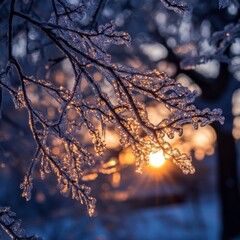Aufkleber - Golden Hour Ice: Sunbeams Sparkle Through Winter's Icy Embrace on Tree Branches at Dusk.