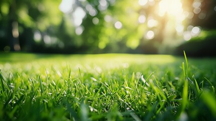 Poster - Close-up of vibrant green grass in a sunlit park.