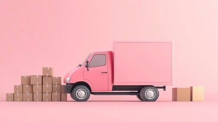 Poster - Pink delivery truck with cardboard boxes on pink background.