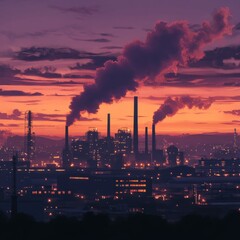 Poster - Industrial Twilight: Factories Silhouetted Against a Vivid Sunset with Plumes of Smoke Rising into the Dusky Sky