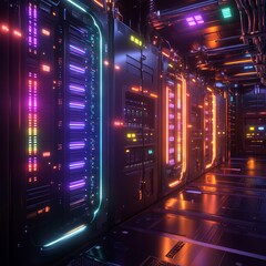 Fototapete - Neon-lit Data Center: A glimpse into the heart of a modern server room with glowing racks and vibrant energy flowing through.