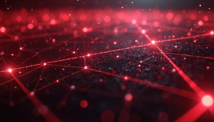 Poster - Abstract red glowing lines polygonal mesh background. Futuristic tech design network connection. Digital information transfer, data flow, communication, cybersecurity, blockchain, big data.