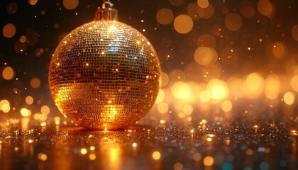 Aufkleber - Shiny gold disco ball sparkles with light reflections. Dazzling festive scene with glittering lights, bright atmosphere. Party celebration. Glamourous decor. Stylish design for holiday, New Year