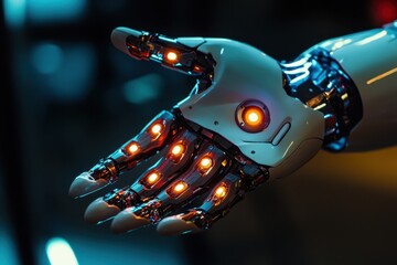 Poster - Robotic hand with glowing elements showcasing advanced technology in a dimly lit environment