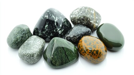 Poster - Collection of polished tumbled stones in various shades of green, grey, and brown, isolated on white background.
