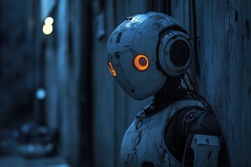 Poster - Robot with glowing eyes stands in a dimly lit alley during nighttime hours