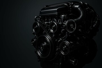 Poster - Sleek Black Engine with Intricate Details against Dark Background