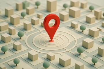 Poster - mini city model with red location pin on simple geometric layout