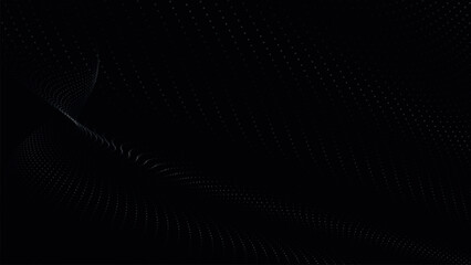 Poster - Futuristic dot wave. Abstract digital particle wave. Black and white music wave. Dark background. Digital background with smooth wavy curves. 3D vector illustration