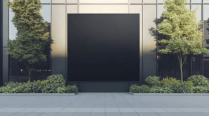 Fototapete - Blank black sign on business center wall background at daytime, mockup
