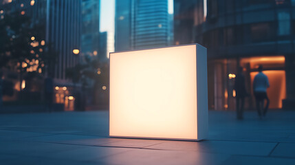 Fototapete - Blank white advertising lightbox on evening city street background, mockup