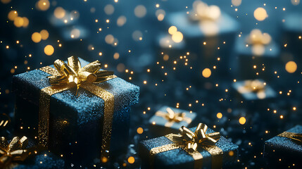 Poster - Blue and gold gift boxes, stars, sparkles and serpentine on a blue background