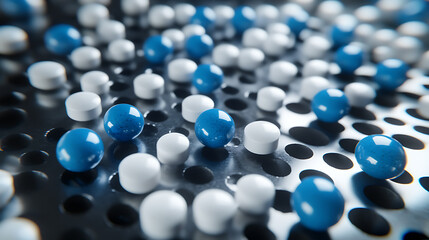 Poster - Blue and white pills on a steel table