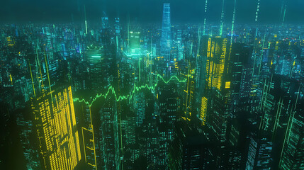 Poster - Blue descending forex chart on a green, yellow background of a night city, hologram of forex and stock market charts on city skyscrapers, the concept of international trade