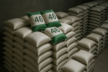 Poster - Neatly Stacked Sacks with Green Accent Pillows in a Minimalistic Space