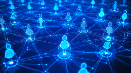 Poster - Blue glowing background with social network connections, online community and digital communication concept grid of connections in a dark blue color