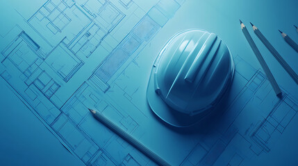 Aufkleber - Blueprint floor plan with pencils and hard hat symbolizing architectural project management