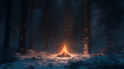Aufkleber - Bonfire in the middle of a winter night forest