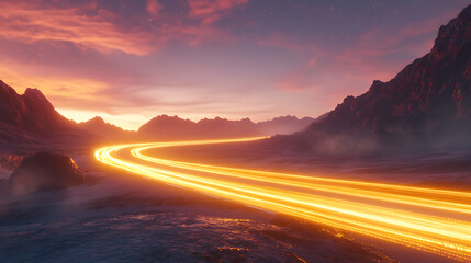 Poster - Bright light streaks on a winding road through a desert landscape