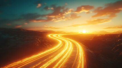 Poster - Bright light streaks on a winding road through a desert landscape