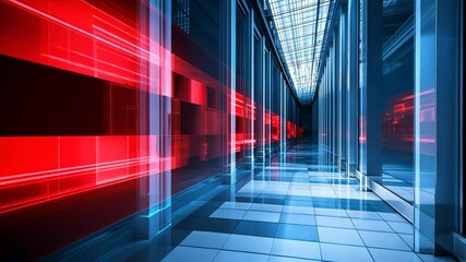 Poster - Futuristic Corridor With Red Lights and Blue Tones Generative AI