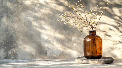 Fototapete - Brown glass decorative jar with twig on stone table against stucco wall, home decor background with copy space, interior design of modern living room