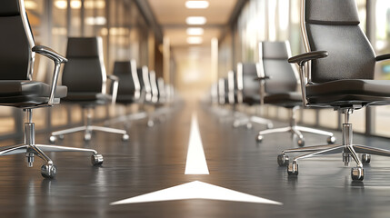 Poster - Business leadership concept, office chairs on an arrow path with one ahead, career development, 3d rendering