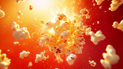Poster - Carton of popcorn exploding on a red background, flying popcorn