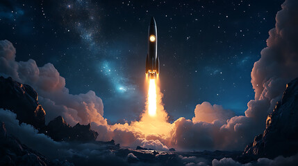 Poster - Cartoon spaceship rocket launching to the outer space at night