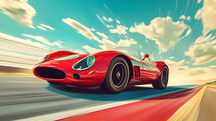 Poster - Cartoon illustration of a red race car speeding on a track under a sunny sky