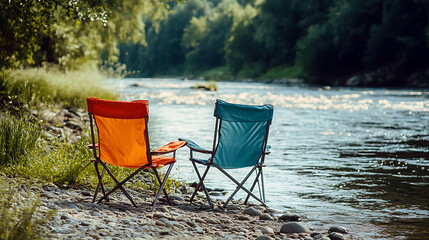 Poster - Chairs for relaxing on the riverbank, colorful summer template, concept of recreation
