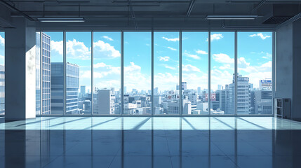 Poster - Cityscape and skyline from empty room with glass wall